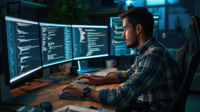 A software developer works on code late into the night, illuminated by the glow of multiple computer screens in a modern office. AIG41