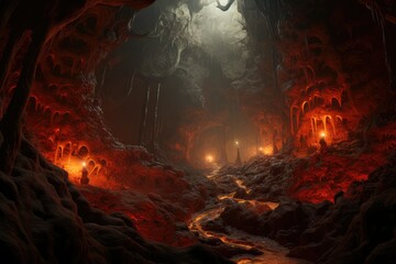 Dark cave in mountain with hot lava. Fantasy landscape of inferno with fiery molten magma flows in stone mountain tunnel. Volcano lava.