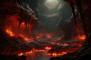 Fantasy landscape of inferno with fiery molten magma flows in stone mountain tunnel. lava in rock cave. Ground crack. Volcano lava.