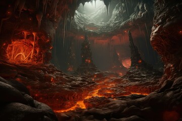 Broken cave with hot lava. molten magma flows in stone mountain tunnel. Glow hot fissures. Volcanic terrain surface. natural landscape, filled with rocks and a cave spewing fire.