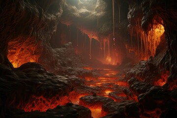 A natural landscape, filled with rocks and a cave spewing fire. Interior of a cave with lights and stalactites. Glow hot fissures. Volcanic terrain surface.