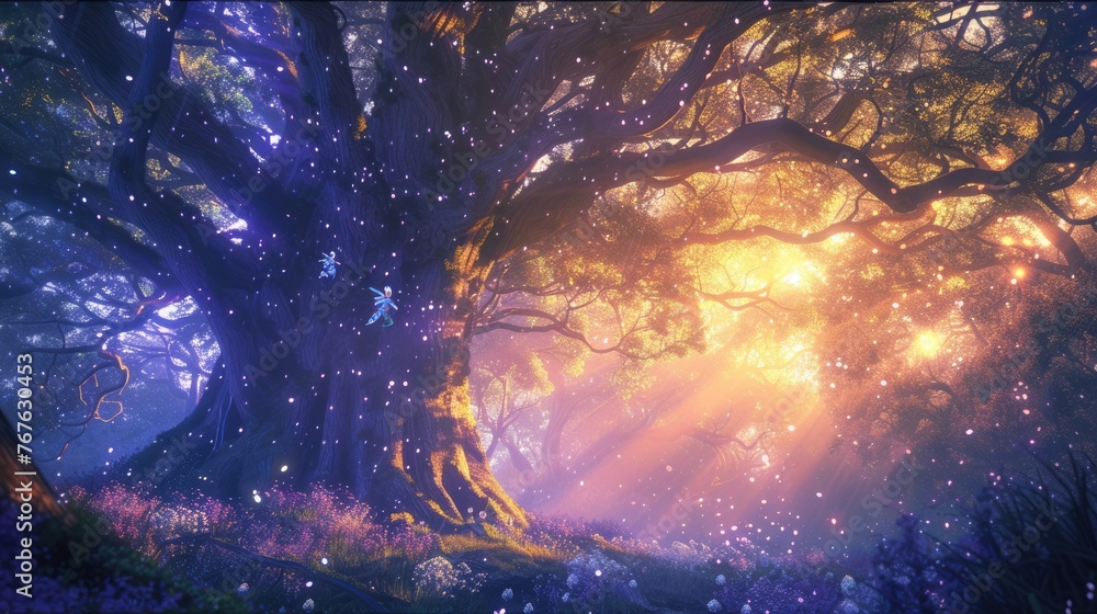 Aufkleber a magical forest at twilight, ethereal light filtering through trees, fairies dancing around an anci