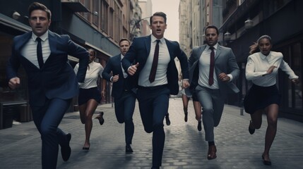 high powered speed scene, businessmen and businesswomen showcase an explosion of emotion and dynamic energy as they run. Generative AI. - obrazy, fototapety, plakaty
