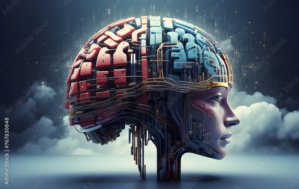 Poster digital a. i. brain in cloud of binary data, ai technology concept