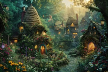 Fototapeta na wymiar Nestled in an enchanted forest, this village boasts whimsical fairytale cottages surrounded by lush greenery and blooming flowers. Resplendent.