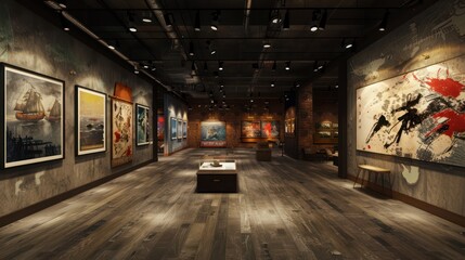 This image depicts a well-lit art gallery interior showcasing a variety of framed paintings on the walls and sculptures displayed - Powered by Adobe