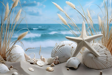 A serene beach scene with a starfish, sand dollars, and various seashells against a backdrop of sea grass and ocean waves