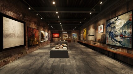 This image showcases a modern art gallery interior with brick walls featuring a variety of...