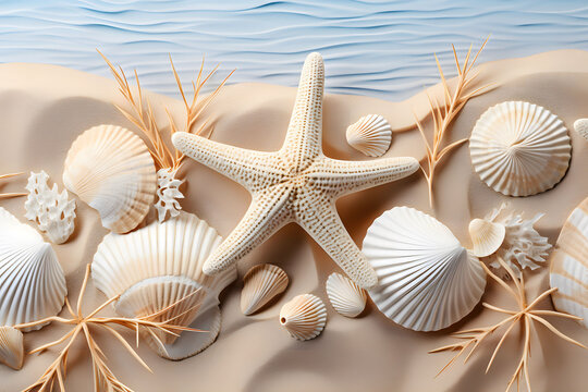 Close-up of a starfish and sand dollar surrounded by various seashells on sandy beach.