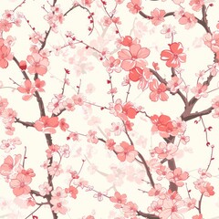A beautiful pink and white floral pattern with cherry blossoms. The flowers are arranged in a way that creates a sense of movement and flow. Scene is one of serenity and tranquility