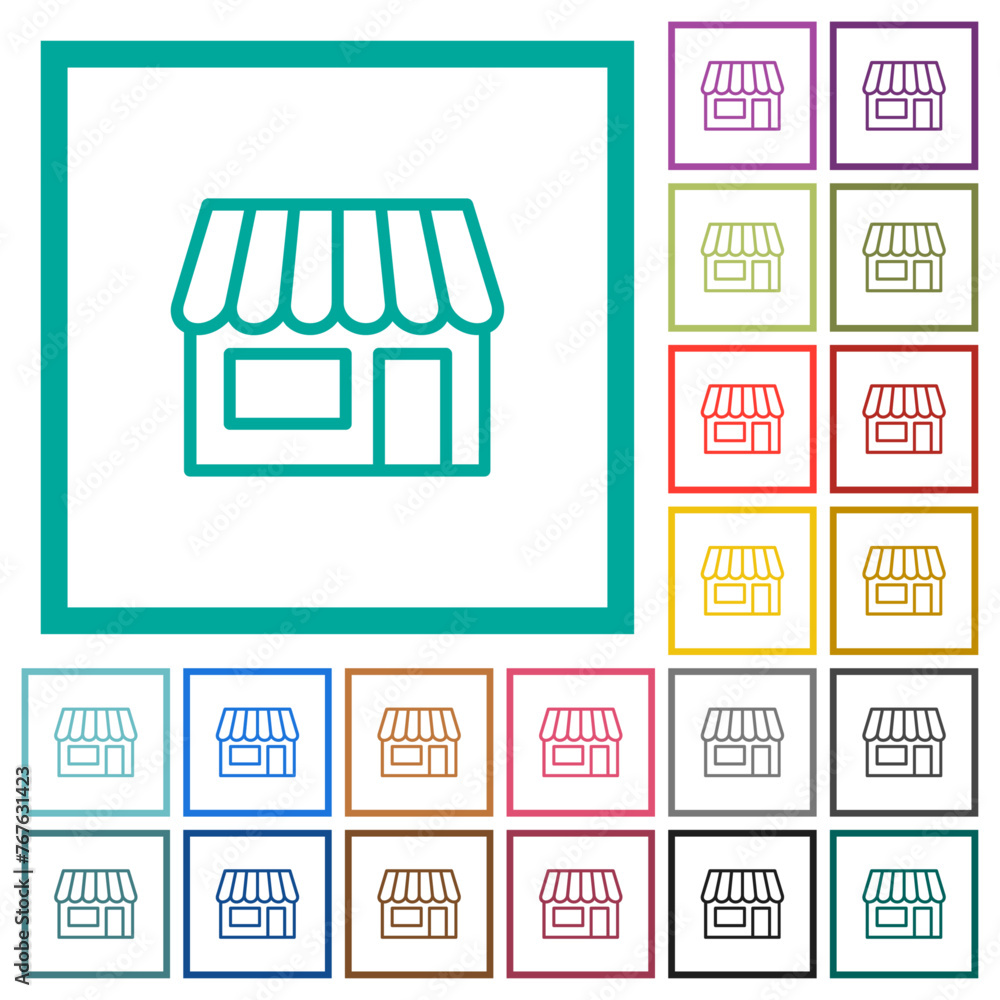 Poster store front outline flat color icons with quadrant frames