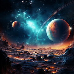 Fantasy landscape with planet and moon. Elements of this image furnished by NASA