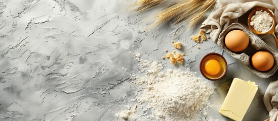 Baking ingredients such as flour, eggs, butter, and kitchen textiles on a bright grey concrete background, top view with copy space. Mockup for cookies, pie, or cake recipe.