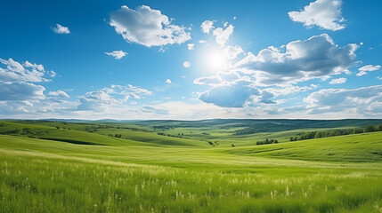Enchanting summer scenery highlighted by blue skies, sunbeams, and lush green grass