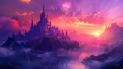 A dreamlike vision of a fantasy castle set against a backdrop of resplendent mountains, glowing under a surreal purple sky The image evokes a sense of wonder and escape