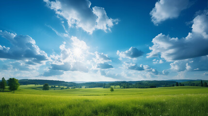 Picturesque summer scene featuring cerulean heavens, golden sunlight, and verdant fields