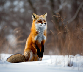 Serenity in Snow: Red Fox's Winter Vigil - Evocative Wildlife Portrait, Serene Nature Scene, Emblem of Wilderness