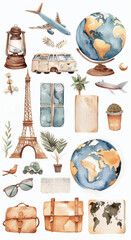 Large watercolor travel set with different types of transport, tickets, passports, globe and other cute items on white background,  