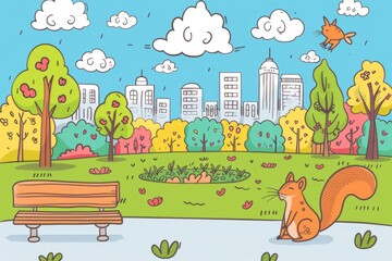 Cartoon cute doodles of a big city park with fluffy clouds, green trees, and happy little squirrels playing among the benches and flower beds, Generative AI1