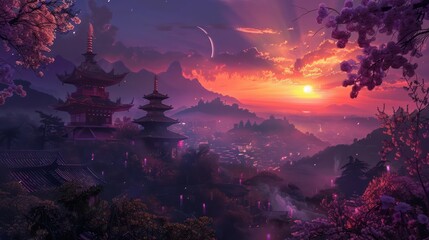 A breathtaking scene depicting a stunning sunset with shades of purple and pink over traditional Asian pagodas surrounded by cherry blossoms and a tranquil village