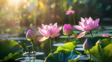 Obraz premium Serene scene of pink lotus flowers blossoming above the calm water, illuminated by a warm, ethereal sunlight with lush green leaves surrounding