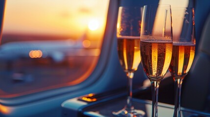 Toasting wine glasses in first-class cabin airplane on summer runway - obrazy, fototapety, plakaty