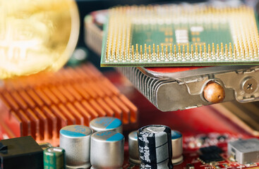 Electronic components, chips and capacitors on the blue pcb, close up view. Technology concept