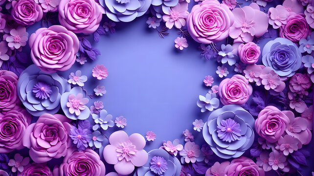 Blank in the middle frame 3d purple color rose flowers leaf background wedding wallpaper