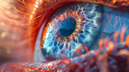 Close-up image of a human eye showing the detailed structure of the iris and blood vessels, enhanced with vivid colors and lighting.