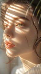 A tranquil close-up portrait of a young woman bathed in sunlight, with striking shadow patterns across her face.