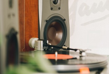 acoustics and vinyl turntable close-up.