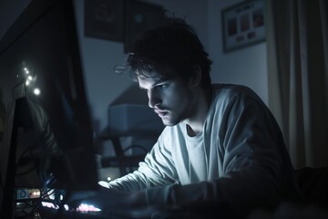 Man working late at night from home in dark room, illuminated by the glow of his computer monitor as he sits at desk. - obrazy, fototapety, plakaty