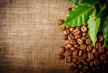 A coffee bean and leaf background with coffee beans on top