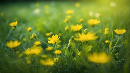 Spring summer natural background. Juicy young green grass and wild yellow flowers on the lawn...
