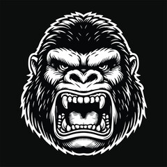 Dark Art Angry Beast Kingkong Head with Sharp Fang Black and White Illustration