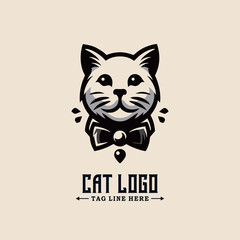 Logo Design Tamplate With CatHead Icon. Vector Illustration. Black White and Cream color