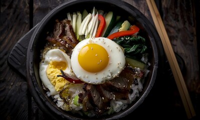 A bowl of food with an egg in the center and chopsticks on the table