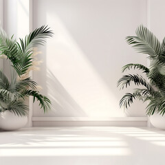 blank white podium with palm leaves, blank round frame for product display, mockup