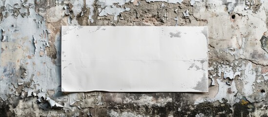 Template of a white creased poster attached to a paper mockup. Blank wheatpaste on a textured wall used as a street art sticker mockup. Urban glued advertising canvas without any content.