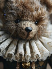 A close-up of Chubby cub teddy bear, in Renaissance costume, white minimalism collar Renaissance style, white and gold tone color