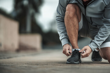 A man tying shoelaces on sport shoes in the city center park before cardio workout, running.  Health and Lifestyle in big city life concept. - obrazy, fototapety, plakaty