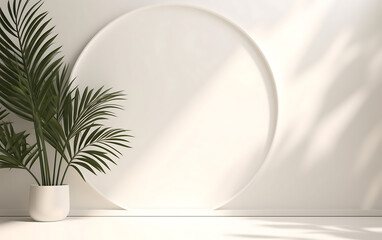 blank white podium with palm leaves, blank round frame for product display, mockup