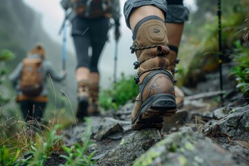 Hiker couple's boots and poles as they ascend a steep trail