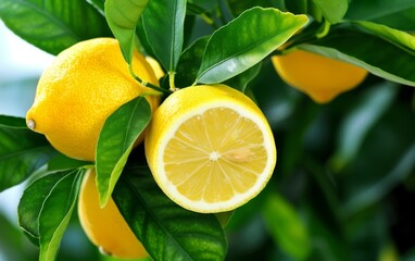 Three lemons hanging from a tree