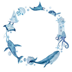 Sea life watercolor hand-drawn blue monochromatic round frame isolated on white.