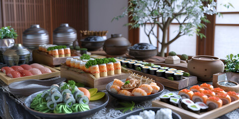 Buffet table laden with gourmet dishes at a luxury event, Delicious snacks at the banquet. Catering on banquet.
