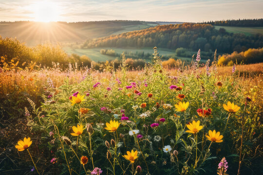 meadow flowers in early sunny fresh morning. Vintage autumn landscape background. colorful beautiful fall flowers magical
