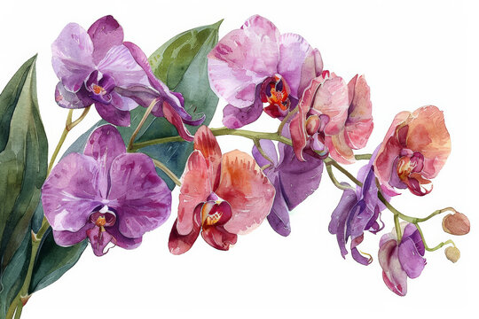 orchid and leaves watercolor flower illustration, for greeting card, invitation card for wedding, birthday and other holiday, white background,  