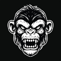 Obraz premium Dark Art Angry Beast Monkey Head with Sharp Fang Black and White Illustration