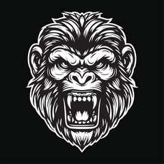 Dark Art Angry Beast Monkey Head with Sharp Fang Black and White Illustration